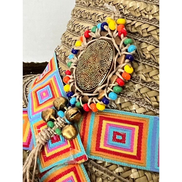 ERIC JAVITS Straw Sun Hat Boho Beaded Bucket Cloche USA Women’s Resort Rainbow - Picture 6 of 10